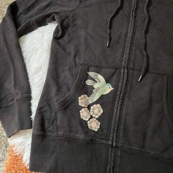 Lucky Brand Zip Up Hooded Sweatshirt Dark Gray Cherry Blossom XS - Picture 4 of 13